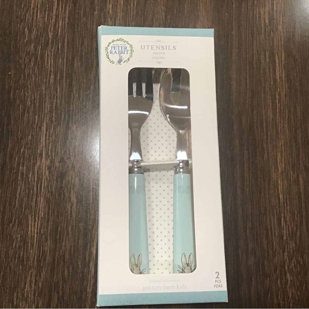 Pottery Barn Kids Peter Rabbit Utensil Set with Blue Handles